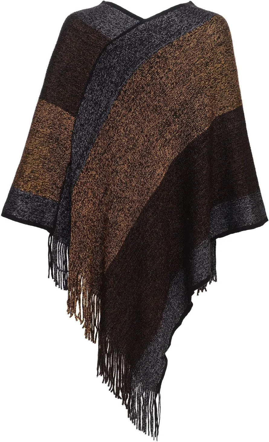 Women's Elegant Knitted Shawl Poncho with Fringed V-Neck Striped Sweater Pullover Cape Gifts for Women Mom