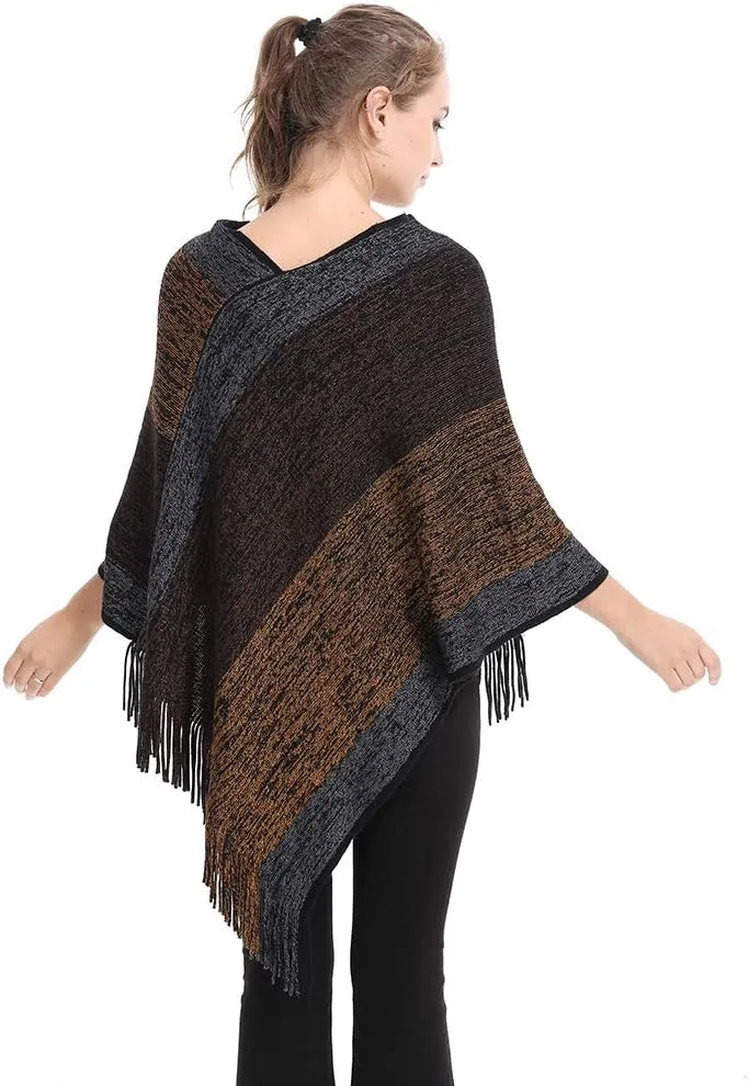 Women's Elegant Knitted Shawl Poncho with Fringed V-Neck Striped Sweater Pullover Cape Gifts for Women Mom