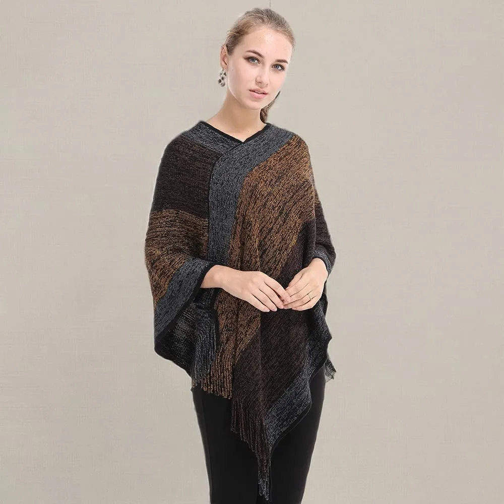 Women's Elegant Knitted Shawl Poncho with Fringed V-Neck Striped Sweater Pullover Cape Gifts for Women Mom