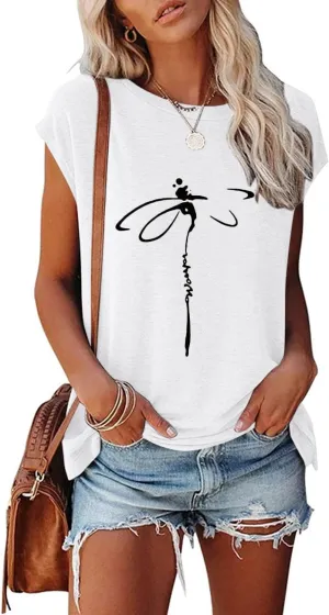 Women's Graphic Tees Casual Summer Funny Dragonfly Printed Short Sleeve Cute T Shirts Tops