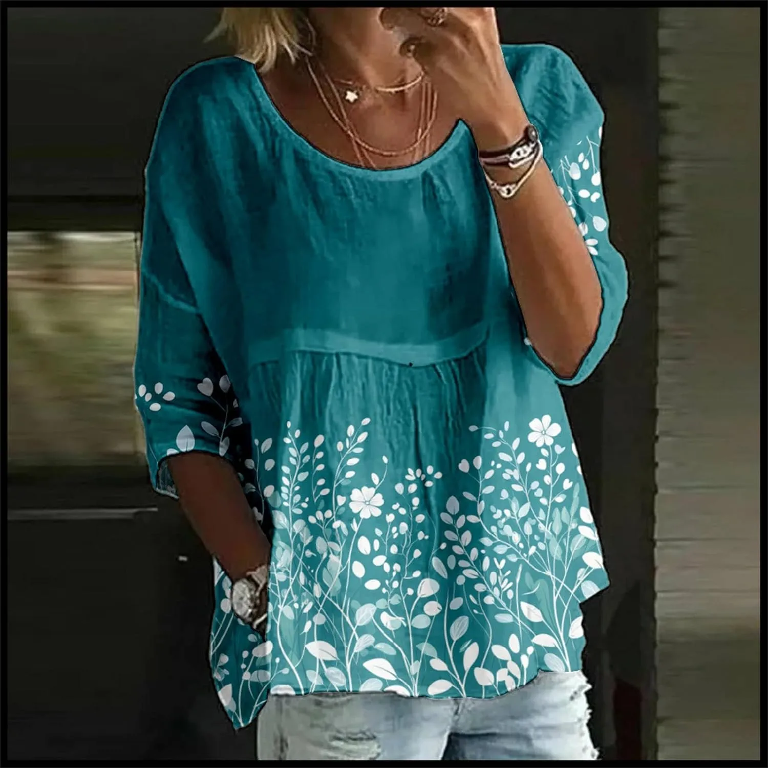 Womens Peasant Boho Tunic Tops 2025 Floral Printed 3/4 Length Sleeve Casual Loose Fit Summer Flowy Babydoll Blouses