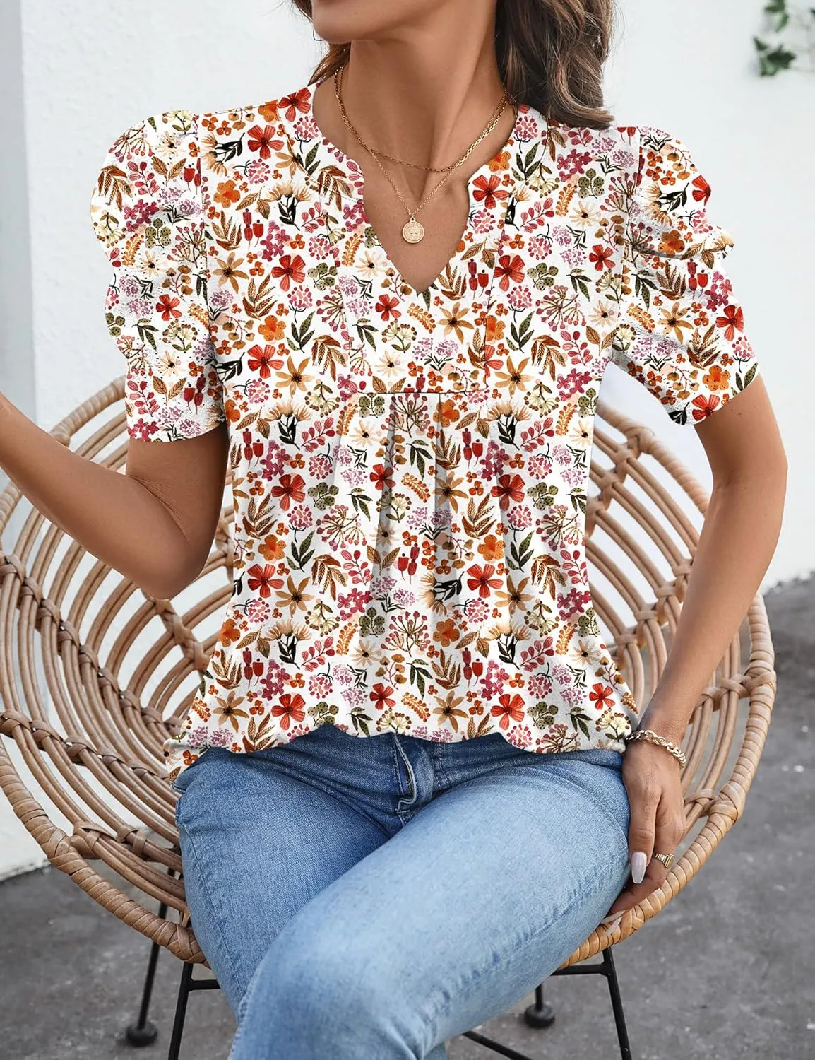 Women's Puff Short Sleeve Shirt V Neck Summer Tops Casual Fashion T Shirts Loose Fit Blouses