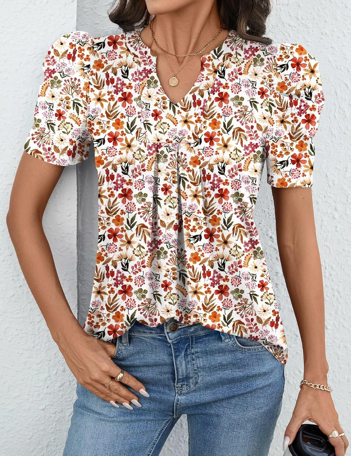 Women's Puff Short Sleeve Shirt V Neck Summer Tops Casual Fashion T Shirts Loose Fit Blouses