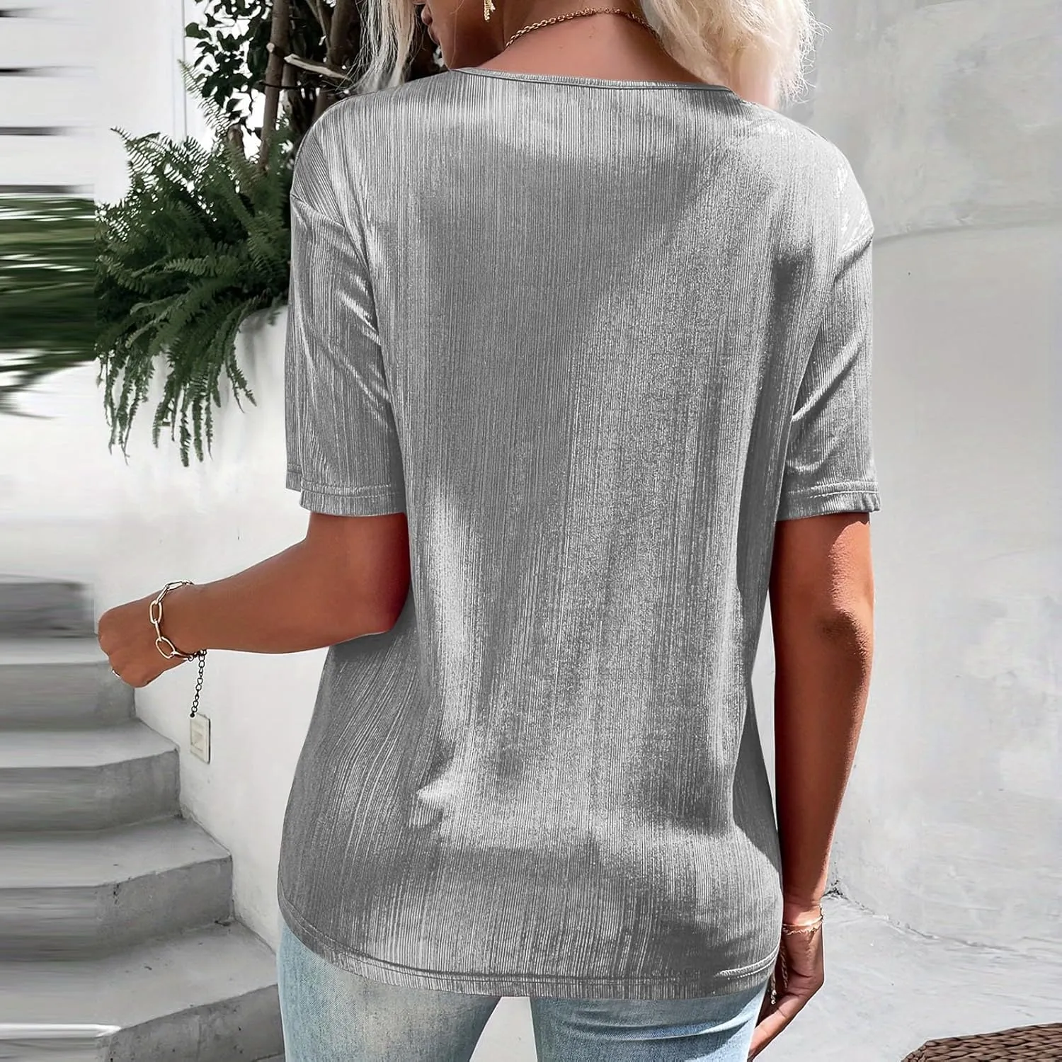 Women's Shiny Metallic Tops Short Sleeve T Shirt Glitter Party Disco Club Tees Holographic Music Festival Outfit