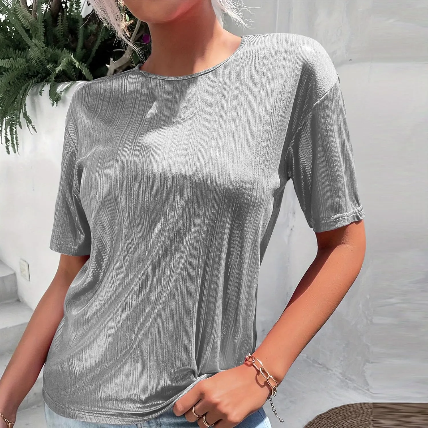 Women's Shiny Metallic Tops Short Sleeve T Shirt Glitter Party Disco Club Tees Holographic Music Festival Outfit