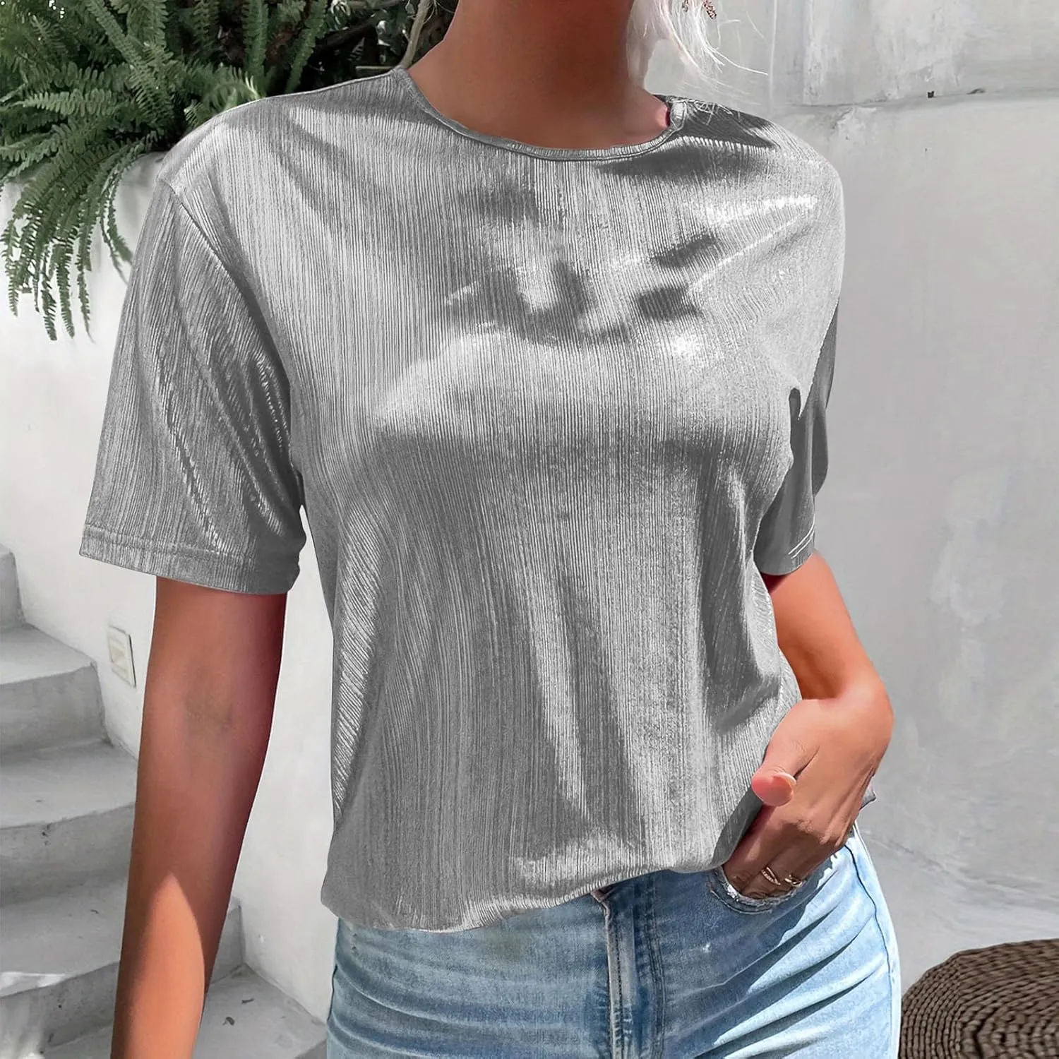 Women's Shiny Metallic Tops Short Sleeve T Shirt Glitter Party Disco Club Tees Holographic Music Festival Outfit