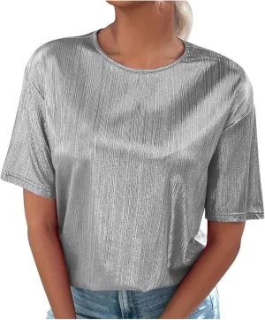 Women's Shiny Metallic Tops Short Sleeve T Shirt Glitter Party Disco Club Tees Holographic Music Festival Outfit