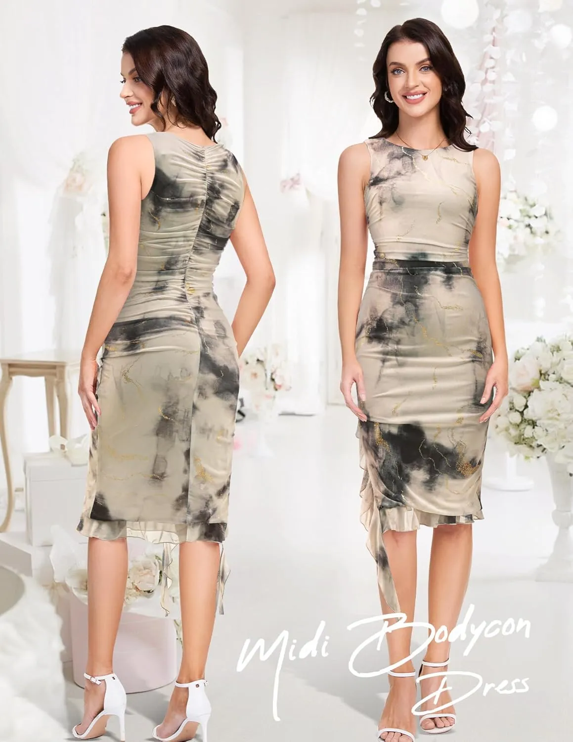 Women's Summer Ruched Bodycon Dress Sleeveless Ruffle Cocktail Wedding Party Dresses