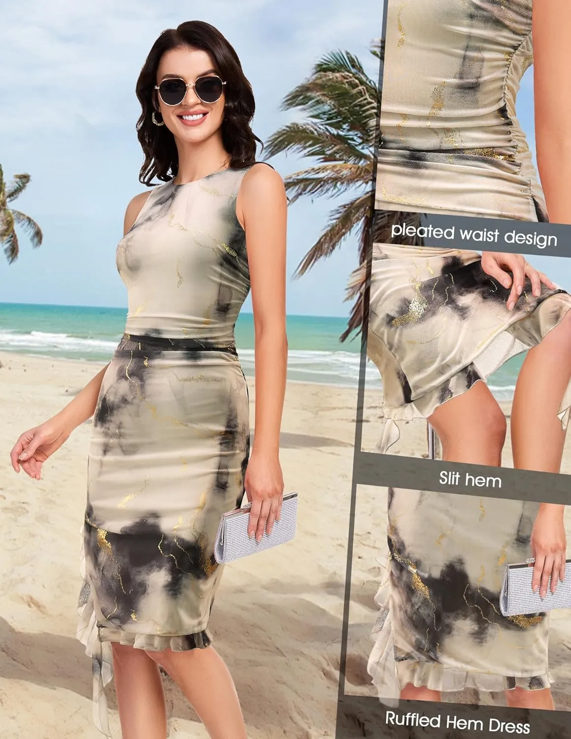 Women's Summer Ruched Bodycon Dress Sleeveless Ruffle Cocktail Wedding Party Dresses
