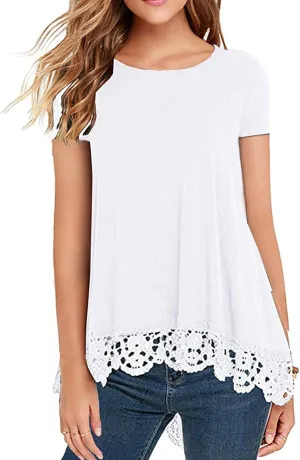 Womens Tops Short Sleeve Lace Trim O-Neck A-Line Tunic Blouse Shirts