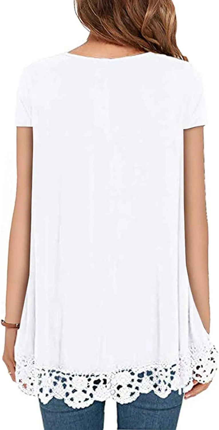 Womens Tops Short Sleeve Lace Trim O-Neck A-Line Tunic Blouse Shirts