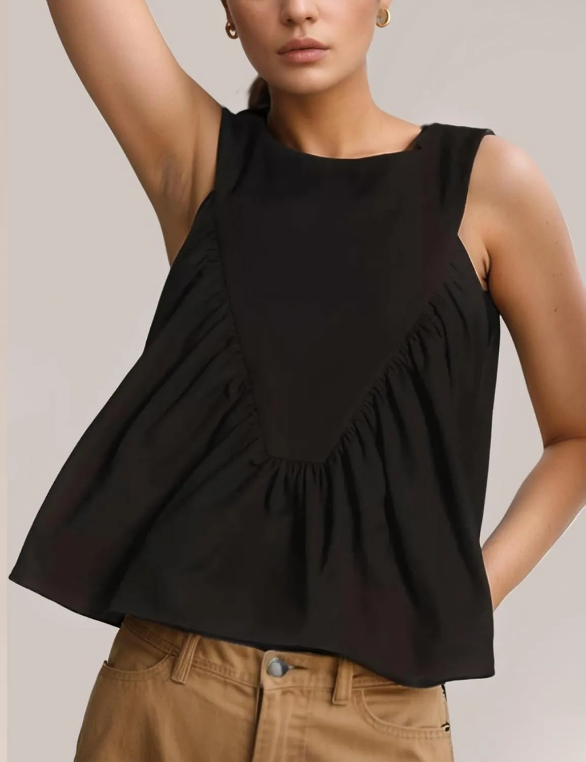 Wyeysyt Peplum Tops for Women Shirred Swing Tank Tops Pleated Flowy Vest Casual Sleeveless Blouse Loose Fit Ruffled Shirts