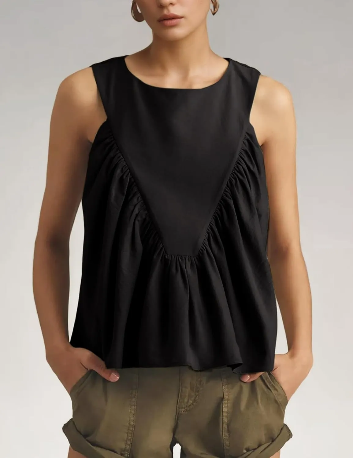 Wyeysyt Peplum Tops for Women Shirred Swing Tank Tops Pleated Flowy Vest Casual Sleeveless Blouse Loose Fit Ruffled Shirts