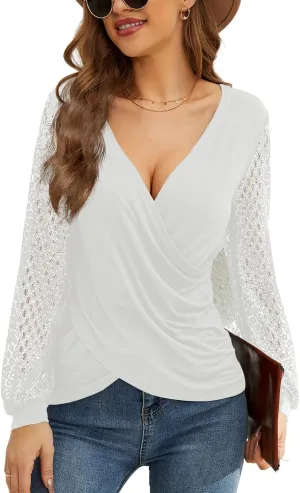 YELAIVP Long Sleeve Shirts for Women V Neck Lace Tops Dressy Business Casual Blouses Cross Wrap Sexy Tops Work Shirt