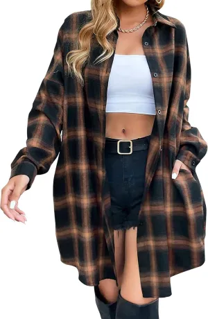 Zontroldy Womens Button Down Flannel Plaid Shirts Mid Long Casual Boyfriend Buffalo Pockets Shirt Jacket Shacket Coat