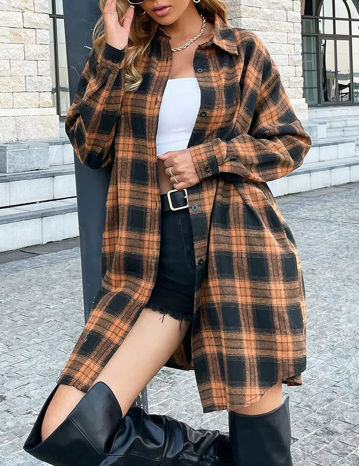 Zontroldy Womens Button Down Flannel Plaid Shirts Mid Long Casual Boyfriend Buffalo Pockets Shirt Jacket Shacket Coat
