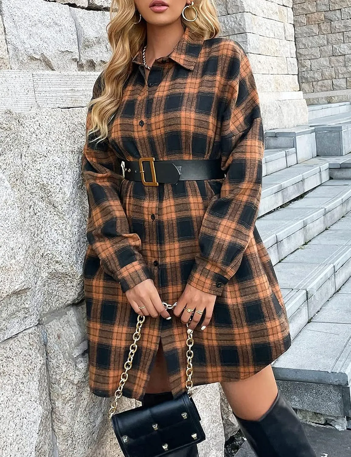 Zontroldy Womens Button Down Flannel Plaid Shirts Mid Long Casual Boyfriend Buffalo Pockets Shirt Jacket Shacket Coat