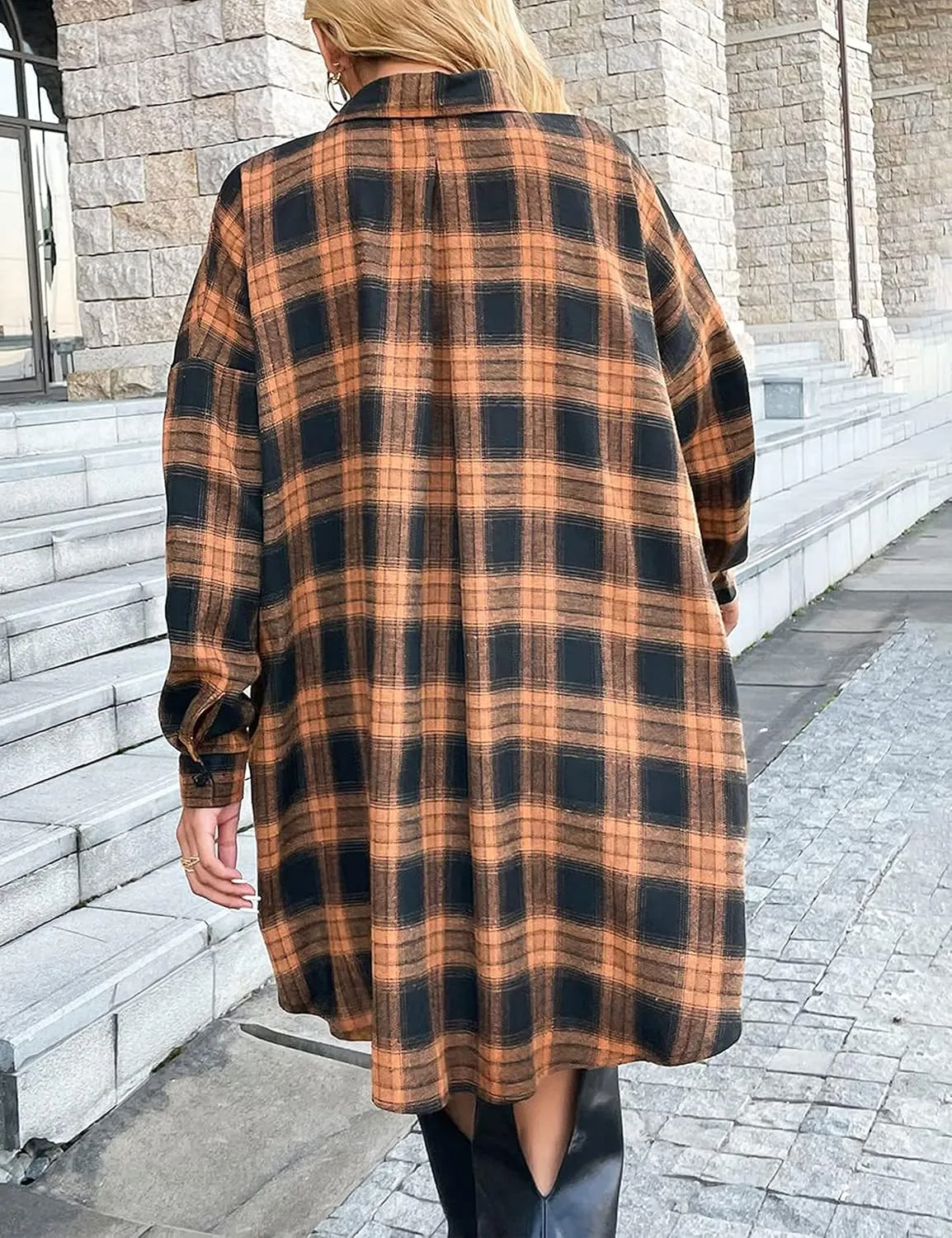Zontroldy Womens Button Down Flannel Plaid Shirts Mid Long Casual Boyfriend Buffalo Pockets Shirt Jacket Shacket Coat